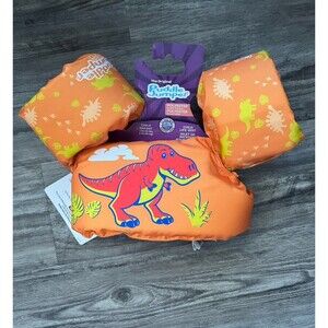 Puddle Jumper child life vest featuring a playful red T-Rex dinosaur design.